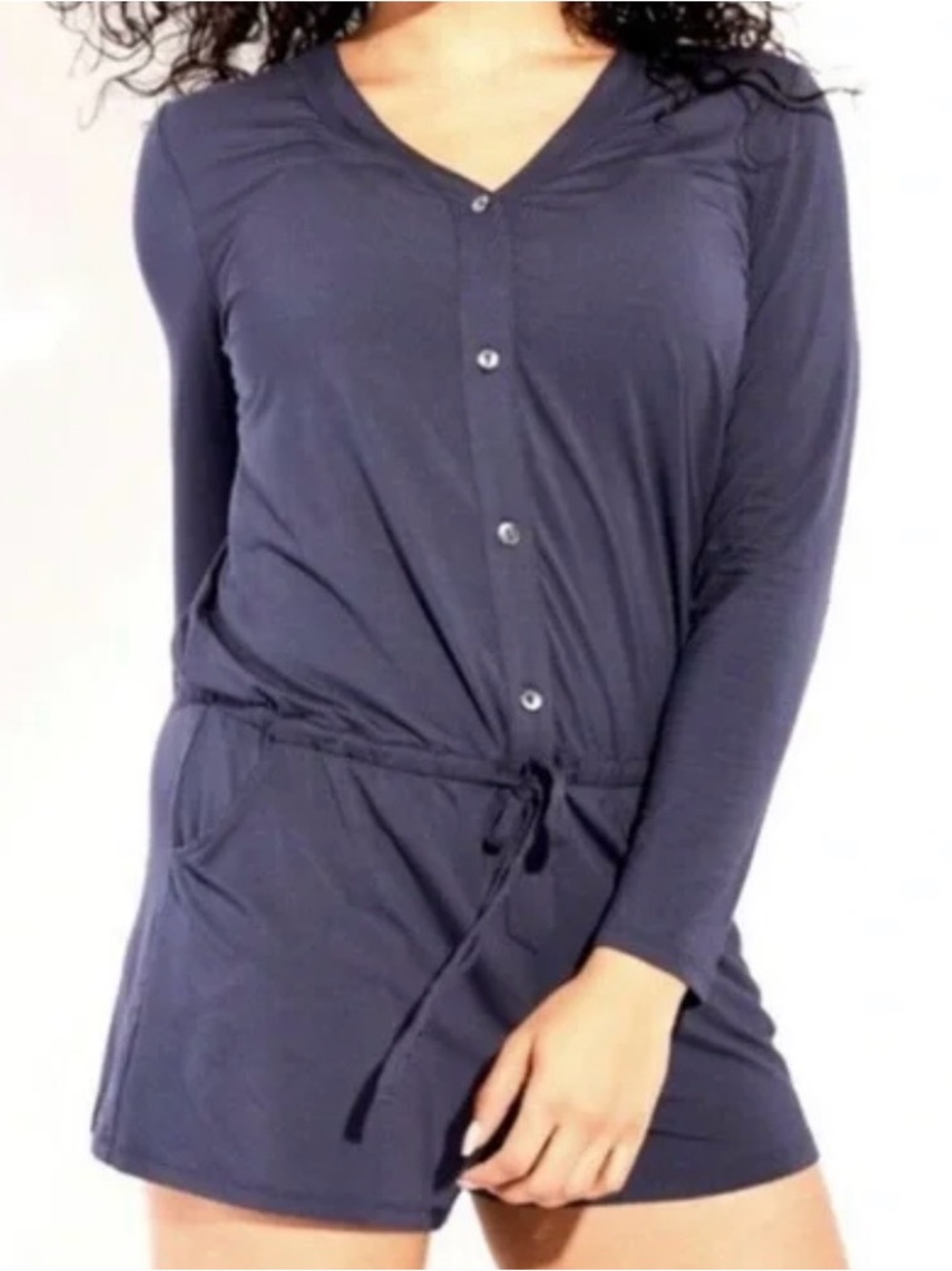 Knix Navy Long-Sleeve Button Front Romper with Drawstring, XL